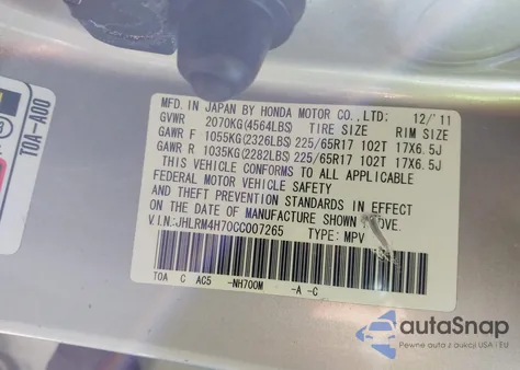 2012 Honda Cr-V Ex-L z USA, uszkodzony, nr VIN JHLRM4H70CC007265